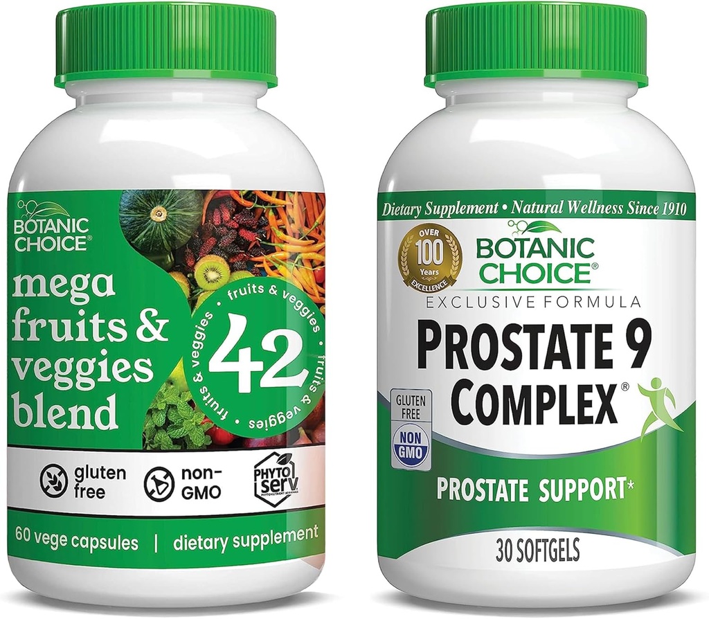 Botanic Choice Mega Fruits and Veggies Blend (60 Capsules) + Complejo Prostate 9 (30 Softgels) Bundle - Balance energético &amp; Suplemento Superalimentos + Flujo urinario &amp; Salud Celular