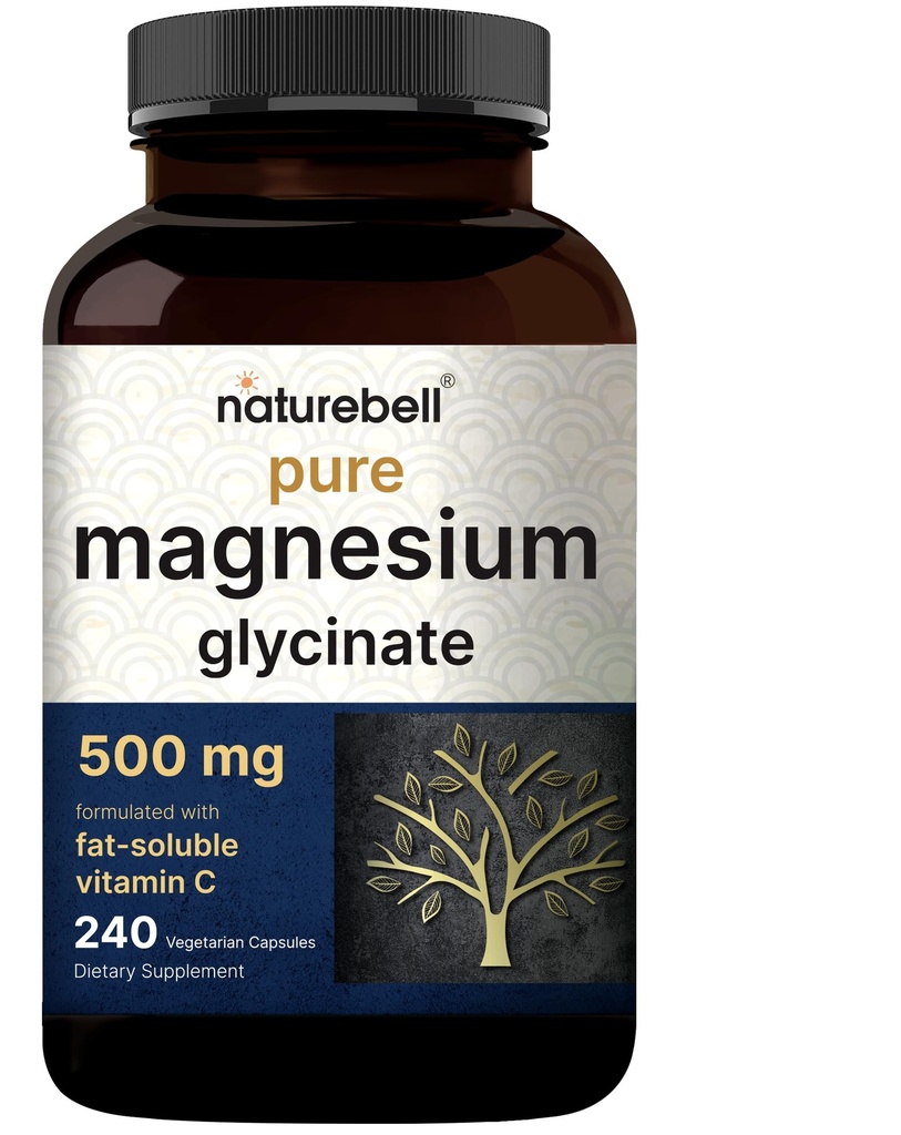 Naturebell Pure Magnesium Glycinate 500mg, 240 Veggie Capsules  100% Chelated &amp; Purified – 3rd Party Tested, Vegan Friendly, Non-GMO, Filler Free