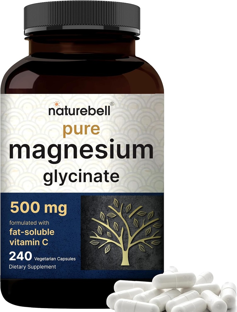 Pure Magnesium Glycinate 500mg with Fat Soluble Vitamin C, 240 Veggie Capsules | Supplement for Sleep, Heart & Muscle Support* – 100% Chelated & Purified – 3rd Party Tested, Vegan Friendly, Non-GMO