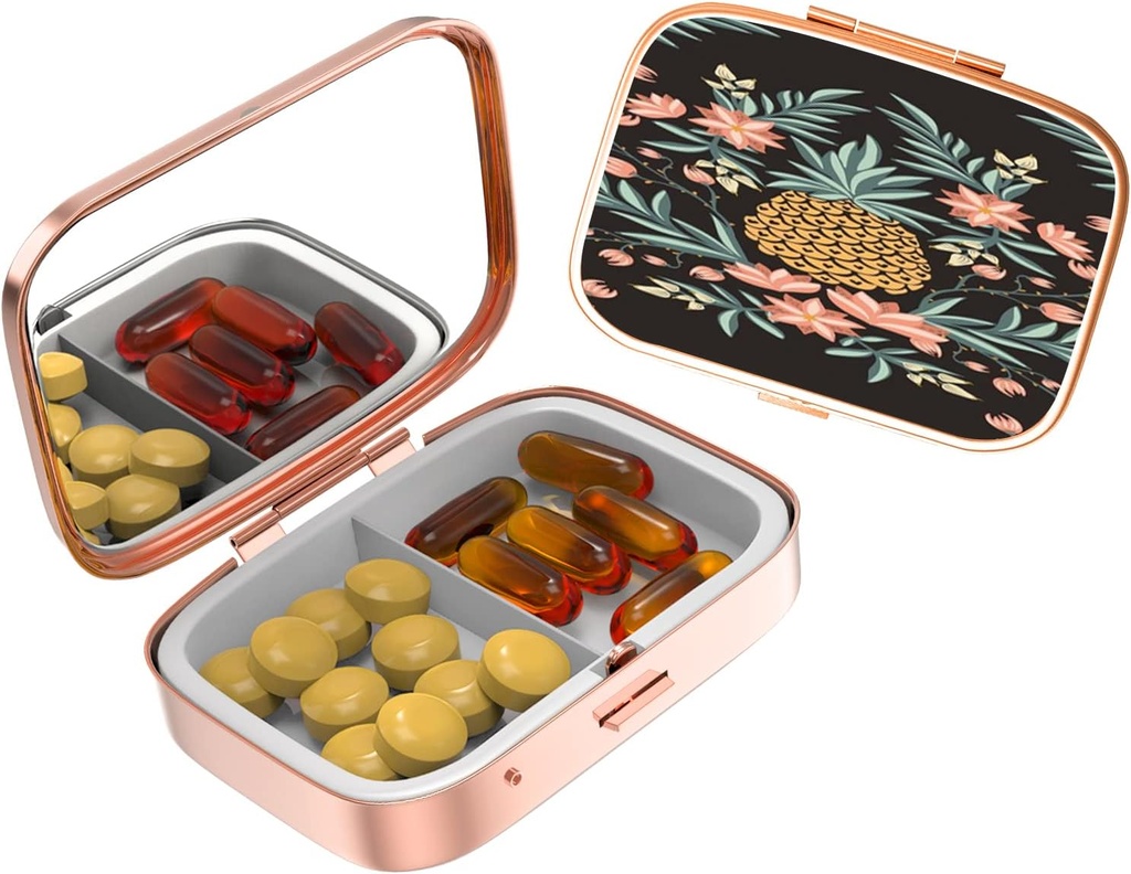 Cute Small Pill case for Pockets & Purses,Elegant Pill Box hace un gran regalo,2 Compartment Travel Medicine Organizer Tiendas Progesterone,Capsule Pills, Ibuprofeno, Vitamins-Rose Gold2