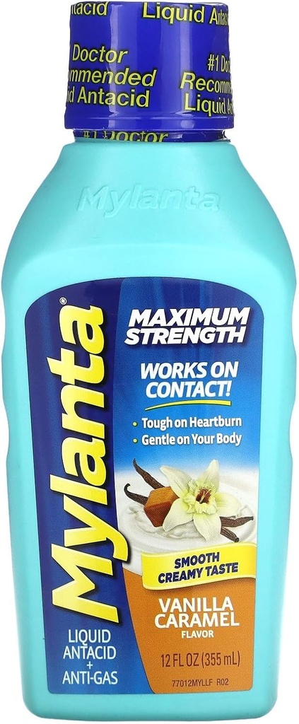 Mylanta Antacid y Gas Relief, Maximum Strength Formula, Vanilla Caramel Flavor, 12 Fluid Ounce