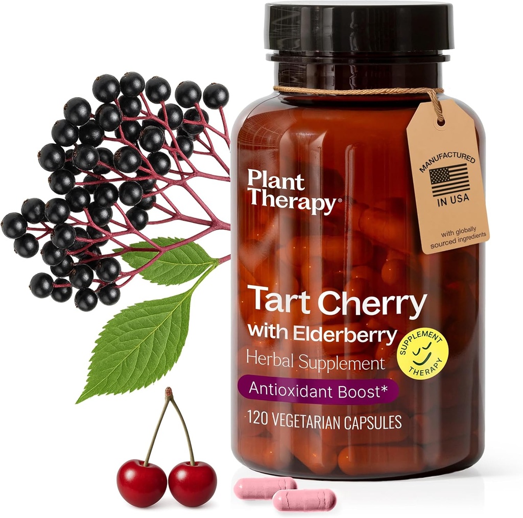 Terapia vegetal Tart Cherry Capsules con Elderberry Fabricado en EE.UU. 4 Mes Soportes de suministro El Cuerpo, Sistema Inmunitario &amp; Suplementos del Ciclo de sueño para Mujer &amp; Hombre 120 Cápsula Vegetariana
