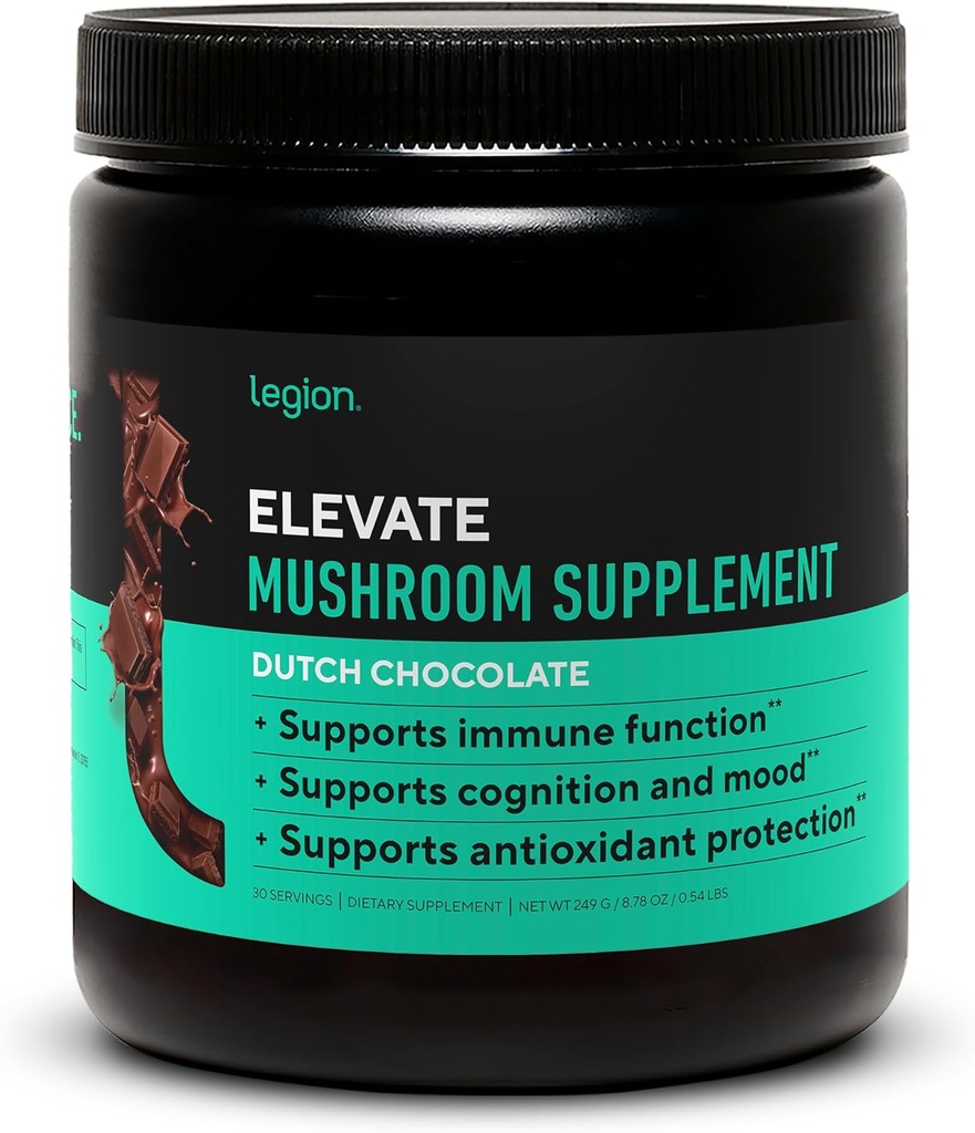 LEGION Elevate Mushroom Supplement Powder - Mushroom Blend of Lions Mane Powder, Reishi Powder " Beta-Glucan- Mushroom Powder to Boost Immune System, Mood " Performance Dutch Chocolate (30 Servings)
