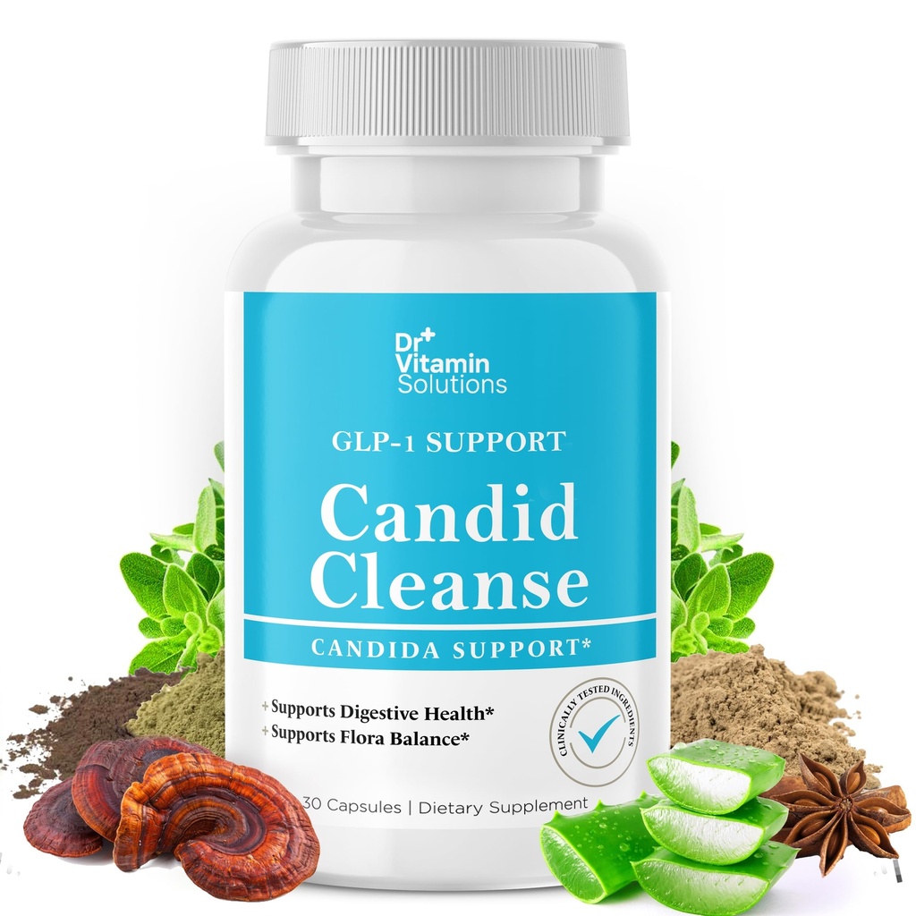 Candida Cleanse Detox for Women & Men with GLP-1 Support - Dr Vitamin Candida Support Supplement, Oregano Leaf, Caprylic Acid, Black Walnut & LactoSpore Probiotics, Non-GMO, 30 Day Supply