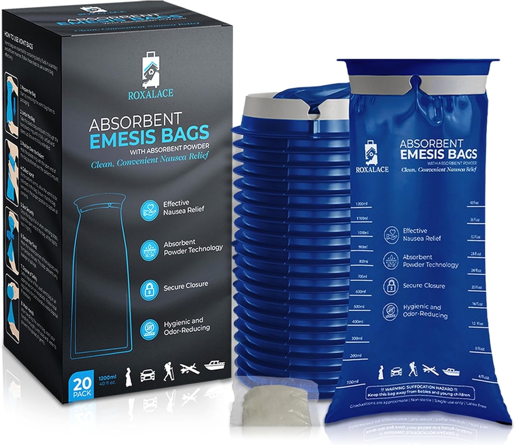 ROXALACE® Emesis Bags with Absorbent Powder for Nausea and Vomiting Relief - 20 Pack 1200ml, Travel-Friendly, Hygienic Solution for Motion Sickness, Morning Sickness, Caregiving y Emergencies