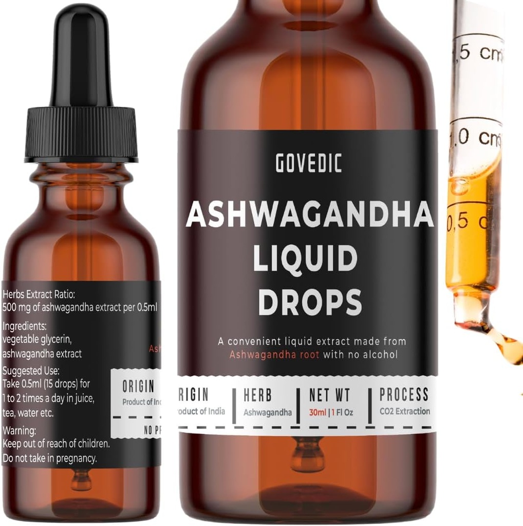 Ashwagandha Liquid Drops Concentrated 1 Fl Oz 30ml ← 60 Servings of 500mg Organic Root Tincture Extract Supplement ← Stress Relief, Energy & Immunity, Mental Focus, Fastsorption