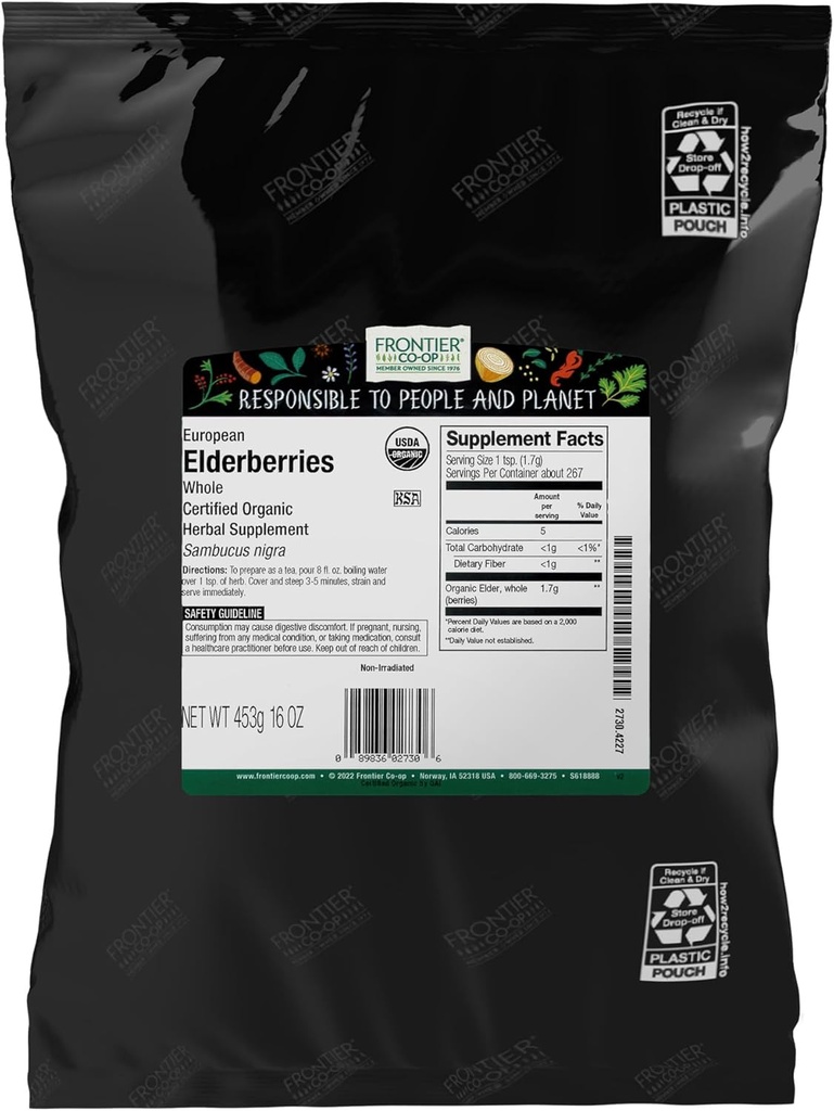 Frontier Co-op Organic Dried Elderberries, 1lb Bulk Bag, European Whole | Kosher and Non-GMO Organic Elderberry Berries Dried, for Tea, Immune Support