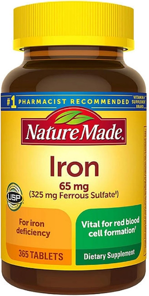 Nature Made Iron 65 mg (de Sulfato Ferroso) Tabletas para la formación de células rojas de sangre (365 ct.).