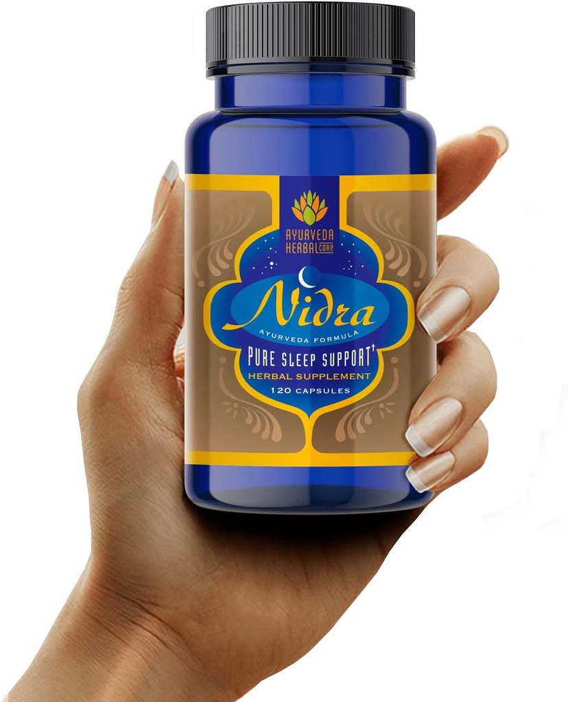 Nidra 100% All-Natural Ayurvedic Herbal Suplementario de sueño- Medicamentos Libres, Formando no-ábito, Ayuda de alivio de estrés para una noche de descanso - 120 Conde (Pack de 1)