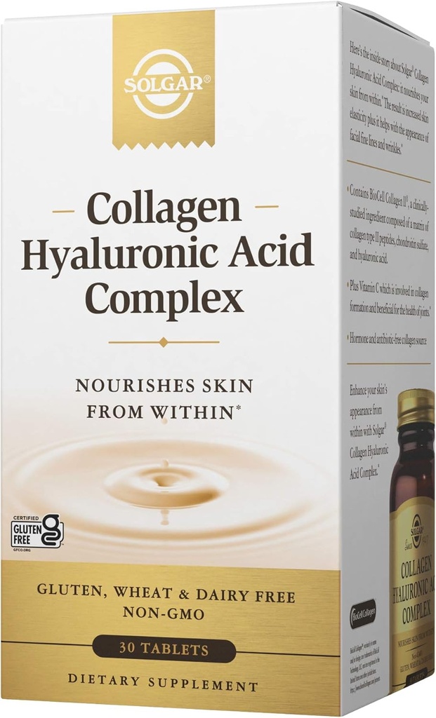 Complejo de ácido hialurónico de Solgar Collagen, 30 Tabletas - Collagen hidrolizado Tipo 2 - Ayuda con líneas finas " Arrugas - Boosts Skin Collagen " Elasticity - Non-GMO, Gluten " Dairy Free - 30 Servimientos