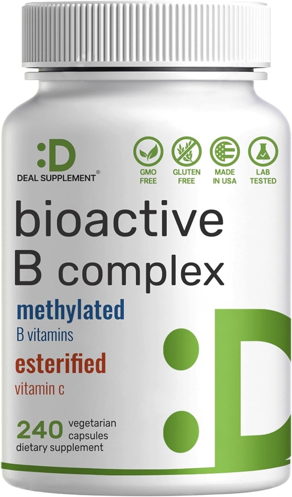 Complejo de vitamina B bioactiva para hombres y mujeres, 240 cápsulas vegetales - Complejo de B metilado &amp; vitamina esterificada C – Alta potencia y fácil absorción – Suplemento de inmuno, energía y metabolismo – No GMO