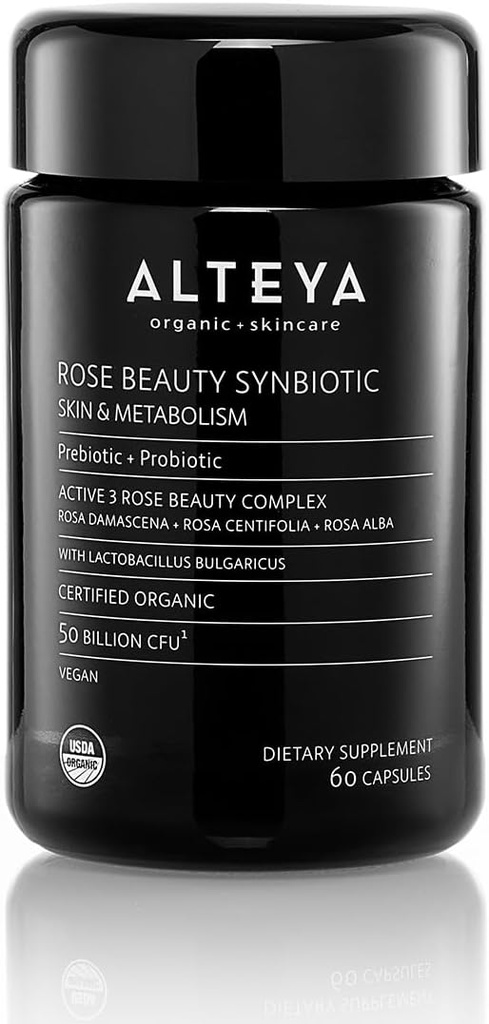 Alteya Orgánicas Belleza Prebióticos + Probióticos y Rosa Extractos, Belleza de la piel del suplemento, 50 Billones CFU &amp; Lactobacillus Bulgaricus for Face and Metabolism - 60 cápsulas