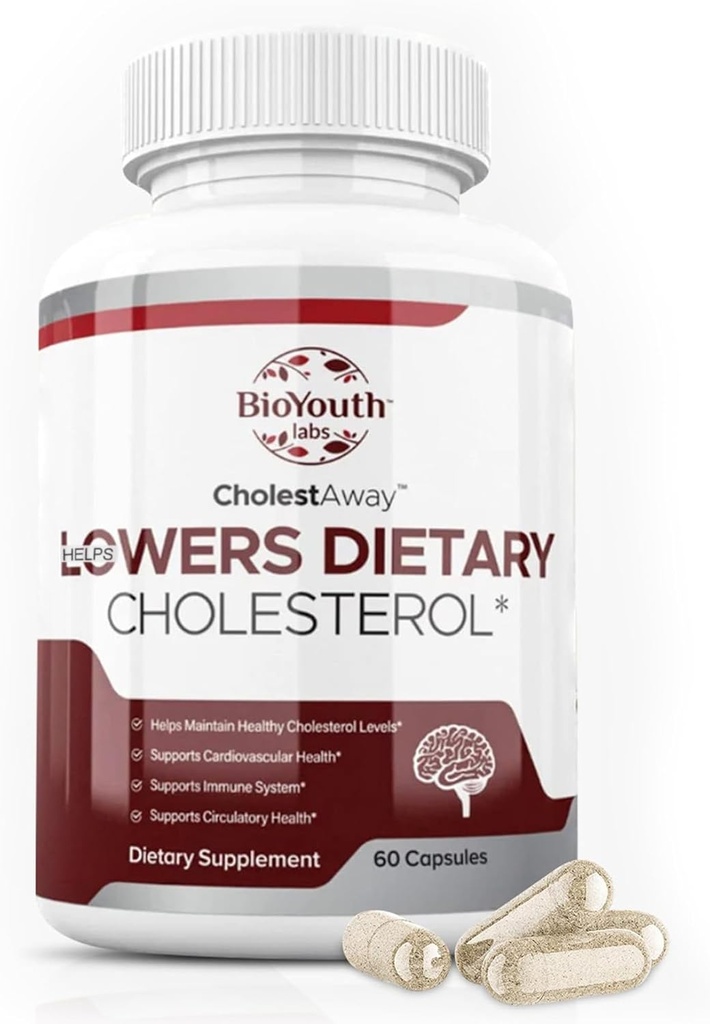 BioYouth Labs Natural Cholesterol Lowering Support Supplement for Adults - Nutritious Blend of Garlic, Berberine, Coca Extract & Soy Lecithin - 60 Capsules