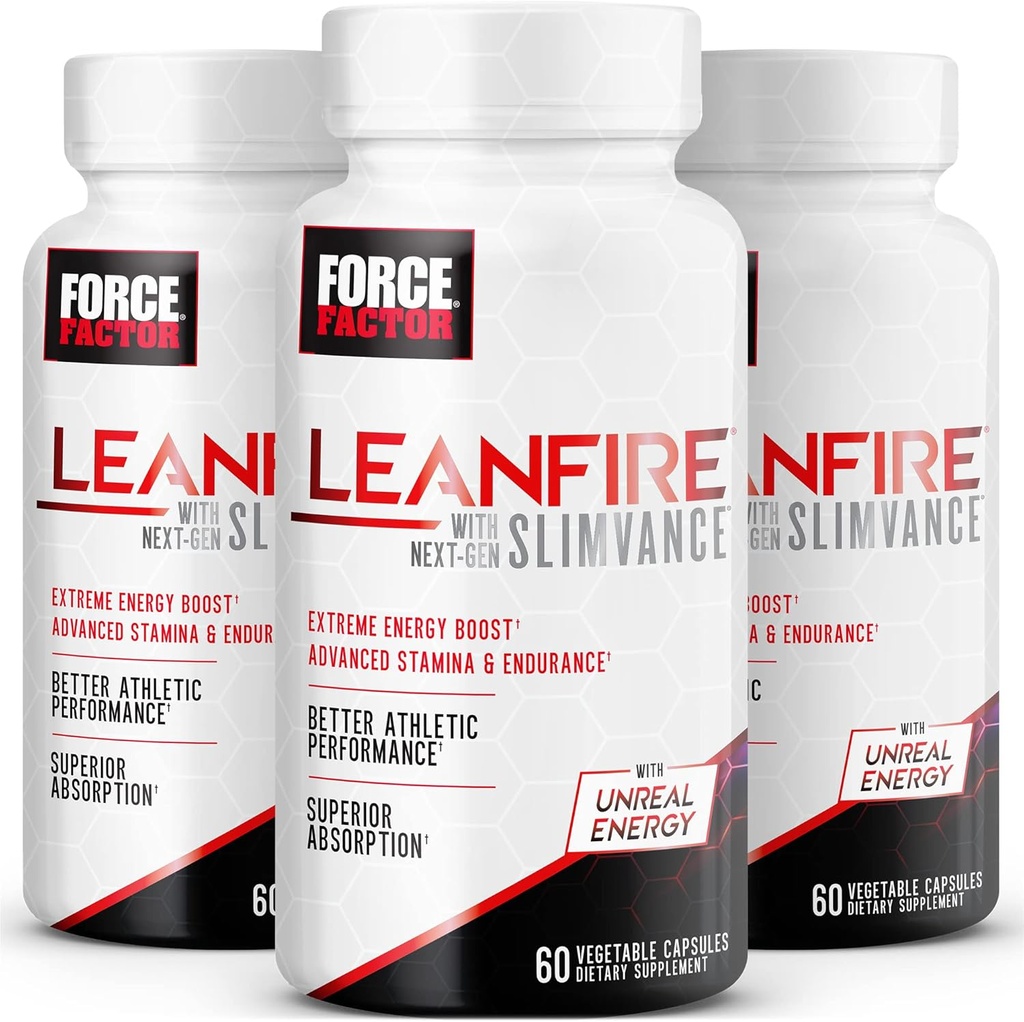 Factor de fuerza LeanFire with Next-Gen SLIMVANCE, Advanced Energy Pills with B Vitamins and Caffeine to Boost Metabolism, Enhance Focus, and Improve Workout & Fitness Performance, 60 Count (Pack of 3)