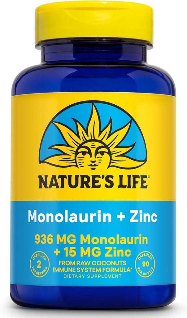 Natural Life Monolaurin Plus Zinc Immune Support Supplement - 936mg Monolaurin from Raw Coconuts, Zinc 15mg, Supports Gut Health, Balanced Gut Flora, 60-Day Guarantee, 45 Serv, 90 Vegetarian Capsules