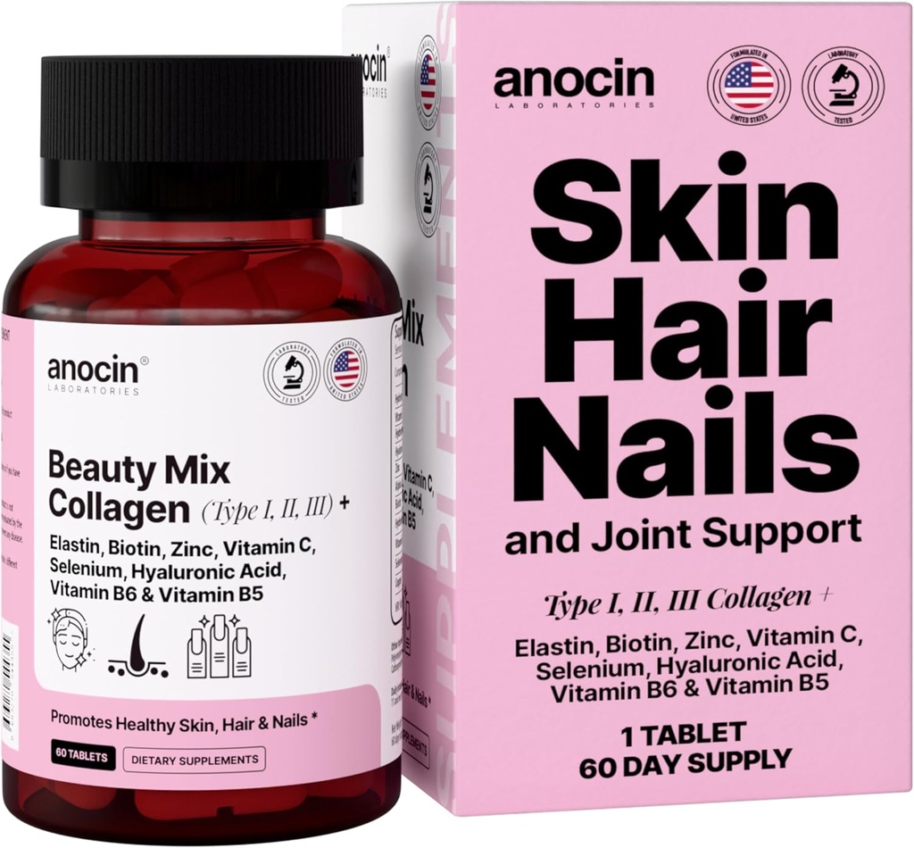 Clinically Tested Beauty Mix Collagen for Women + Biotin + Elastin + Zinc + Vitamin C + B6 + B5 + Selenium + Hyaluronic Acid - Hair Growth, Hair Skin and Nails Vitamins, Collagen Supplements