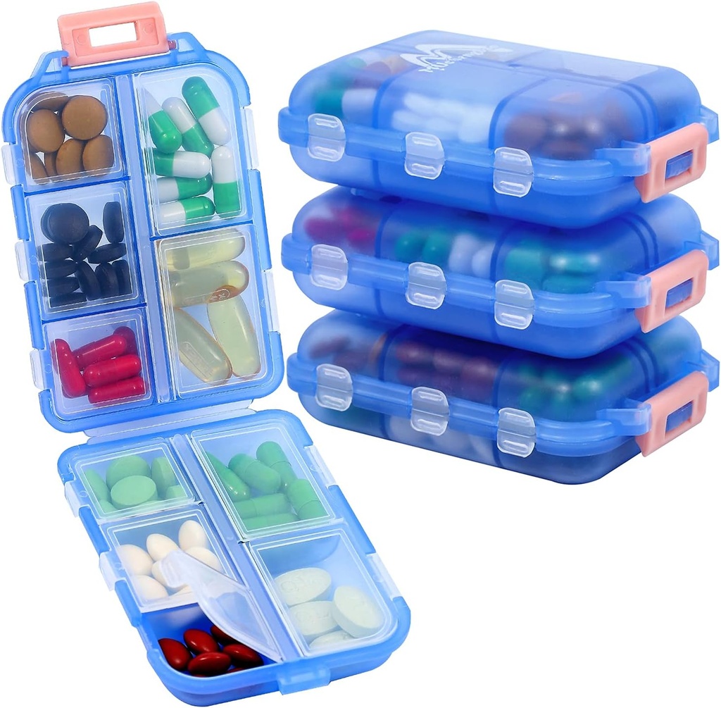4PS Organizador de píldoras de viaje con 164 etiquetas Slice,10 Compartments Travel Pill Box Portable Polding Small Pill Case Daily Pill Container Utilizado para el almacenamiento de carry Medicine Organizer by M MUchengbao (Blue)
