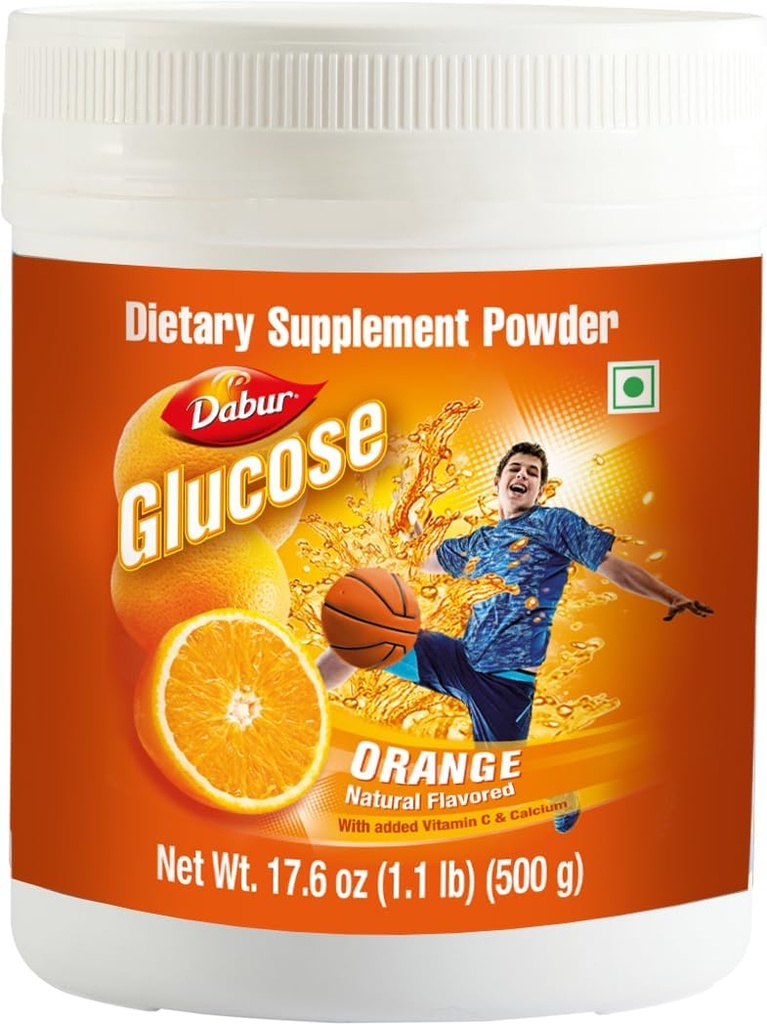 Glucos de Dabur - Polvo de glucosa - Fortificado con vitamina D y calcio - Una naranja sabrosa - 500 gramos