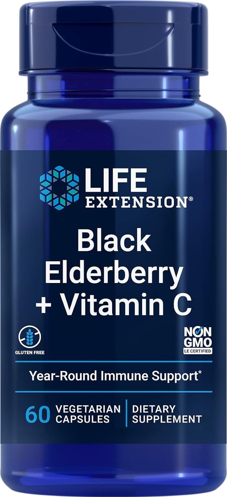 Life Extension Black Elderberry + Vitamin C, Everyday Immune Support from Elderberry & Vitamin C, Gluten Free, Non-GMO, Vegetarian, 60 Capsules