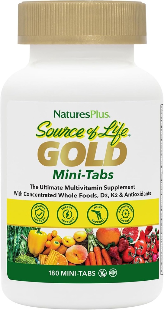 NaturesPlus Source of Life Gold Multivitamin - 180 Mini-Tabs, Pack of 2 - with Vitamins D3, B12 &amp; K2 - Vegetarian &amp; Gluten Gratis - 60 Total Servings