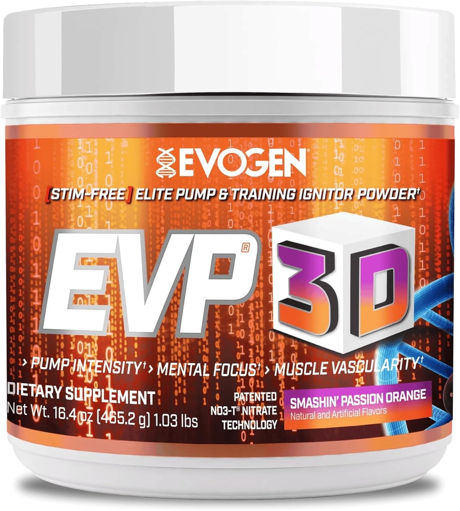 Evogen EVP 3D - Estim Free Pre Workout Powder para Hombres &amp; Mujeres ← Sugar Free Non Stim Preworkout with Beta Alanine and Creatine for Energy &amp; Pump ← Orange ← 40 Servings