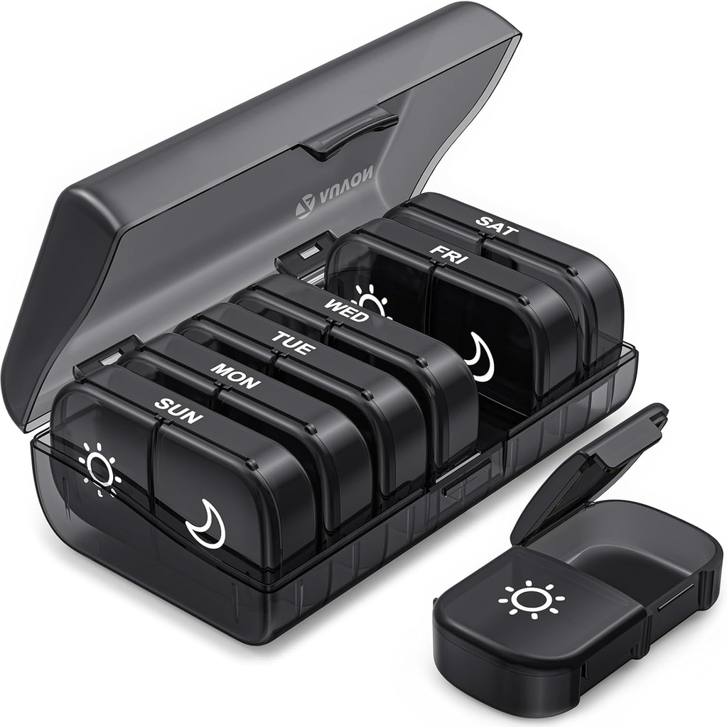 AUVON XL Organizador semanal de píldoras 2 veces al día, caja de píldoras 7 día con aperturas únicas para fácil de usar, protección de privacidad negra AM caja de píldoras para medicamentos, vitaminas, aceites de pescado, suplementos