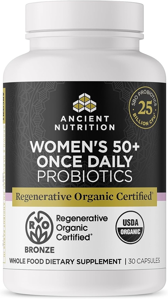 Probióticos certificados orgánicos antiguos de nutrición para mujeres 50+, Probióticos Mujeres 50+ Una vez diario, la digestión saludable y el apoyo al sistema inmunológico, 25 millones de UF* por ser, 30 Cuenta