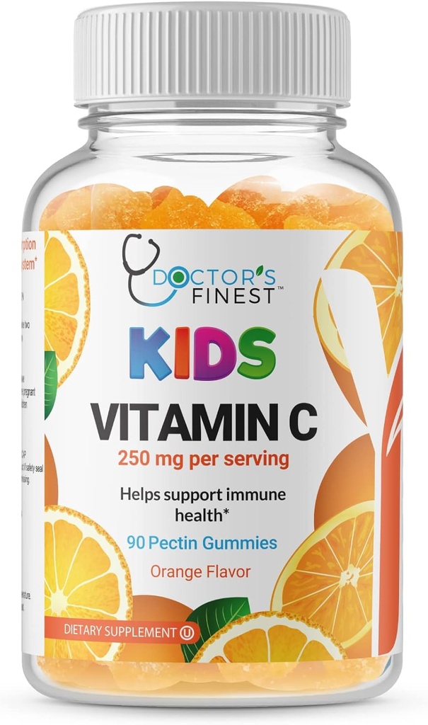 Los médicos más finos de vitamina C Gummies para niños – Vegan, GMO Gratis &amp; Gluten gratis – Gran sabor a naranja Pectin Chews – Suplemento dietético para niños – 250 mg de vitamina C – 90 Jellies [45 dosis]
