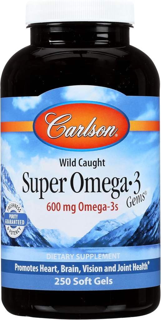 Carlson - Super Omega-3 Gems, 1200 mg Omega-3, Wild Caught, Fuente sostenible, 250 geles blandos