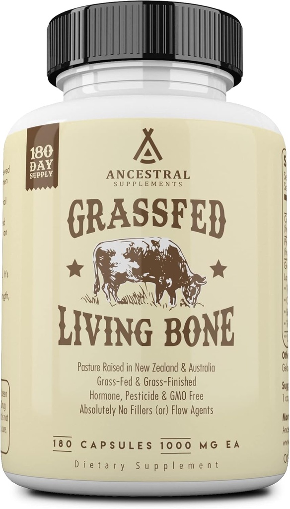 Suplementos ancestrales Grass Fed Beef Living Bone Suplemento, Bone Meal Capsules Support Bone Health, Oral and Joint Health and Flexibility, Non-GMO, 180 Capsules