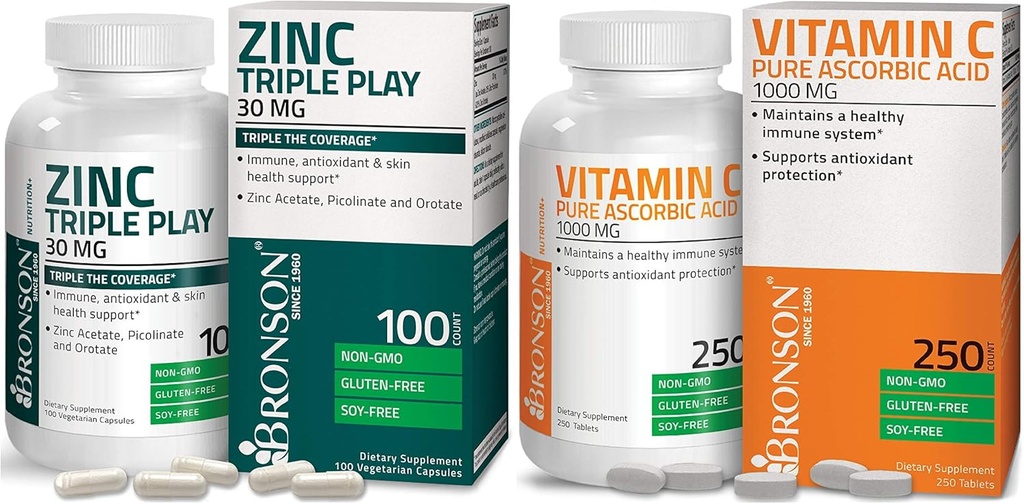Bronson Vitamina C 1000 mg Premium Acid ascóbico + Bronson Zinc Triple Jugar 30 mg Triple Cobertura Immune Soporte Zinc Suplemento