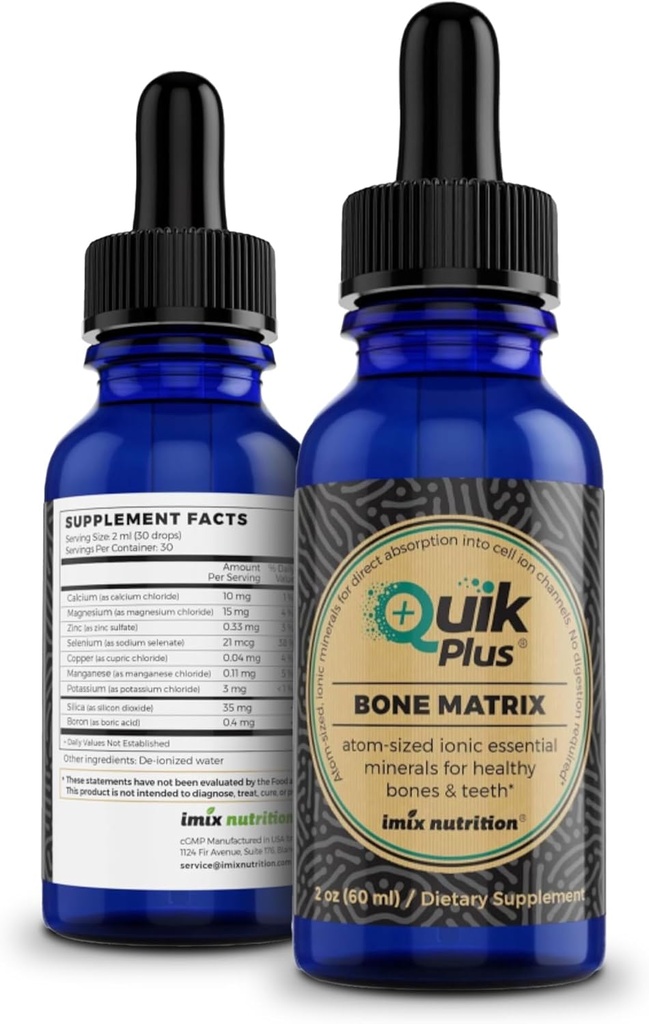 QuikPlus Bone Matrix con Calcio, Magnesio, Zinc y Potasio - Incluye 9 Minerales Líquidos Iónicos, Collagenizer para el soporte de huesos y dientes, Vegan, Libre de gluten, Todo Natural (2 Oz)