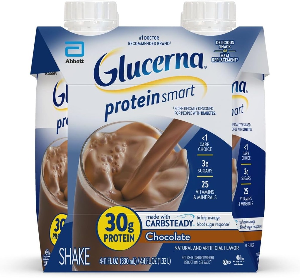 Glucerna Protein Smart Diabetes Care Shake, Chocolate, Diabetic Meal Replacement to Support Blood Sugar Management, 30g Protein, 150 Calories, Listo para beber, 11-fl-oz Bottle, 4 Pack