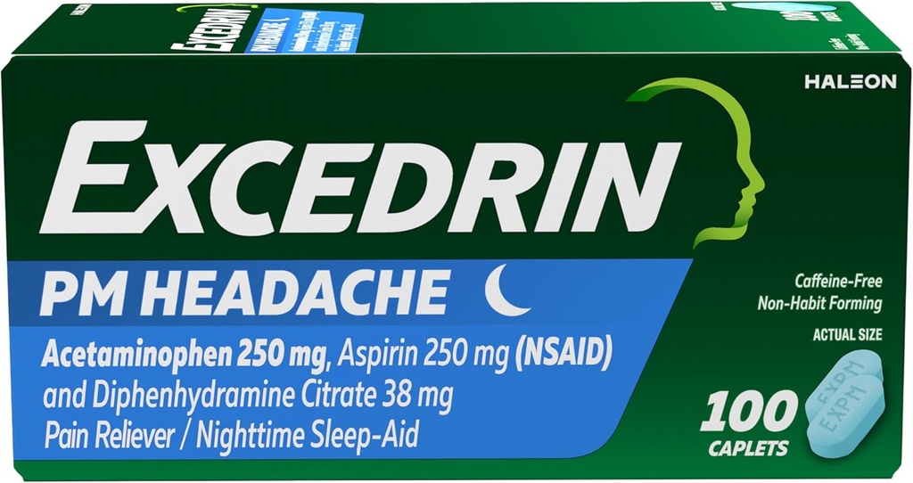 Excedrina PM para alivio de dolor de cabeza, Acetaminofeno 250mg, Aspirina 250mg, Diphenhydramine Citrate 38mg, Dolor de dolor, Noche de dormir-Aid, 100 Cuenta
