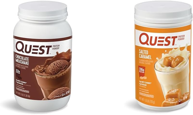Quest Nutrition Chocolate Milkshake Protein Powder, 22g Protein, 1g Sugar, Low Carb, Gluten Free, 3 libras, 43 Servings " Salted Caramel Protein Powder; 26g Protein; 1g Sugar; Low Carb; Gluten Free