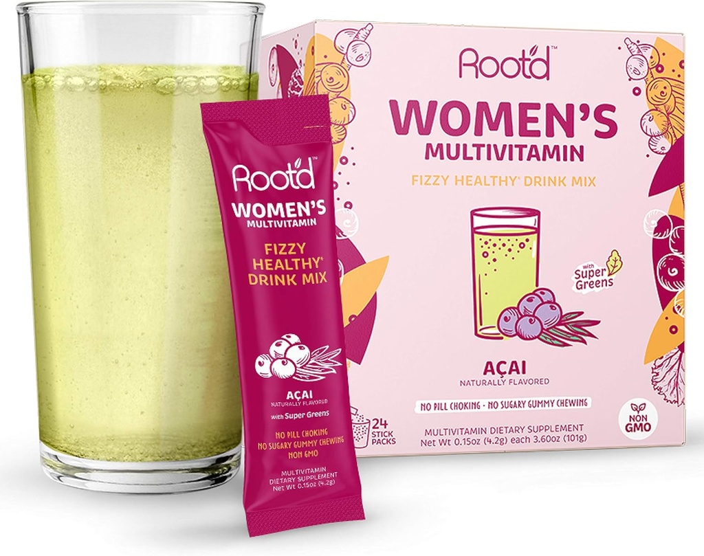 Root'd - Powder Multivitamin For Women - With 25 Vitamins &amp; Minerals TEN Vitamin A, C, D, E, B12, B6, K, Iron, Probiotics, Electrolytes, Organic Super Greens TEN Natural Acai TEN 24 Effervescent Stick Packs