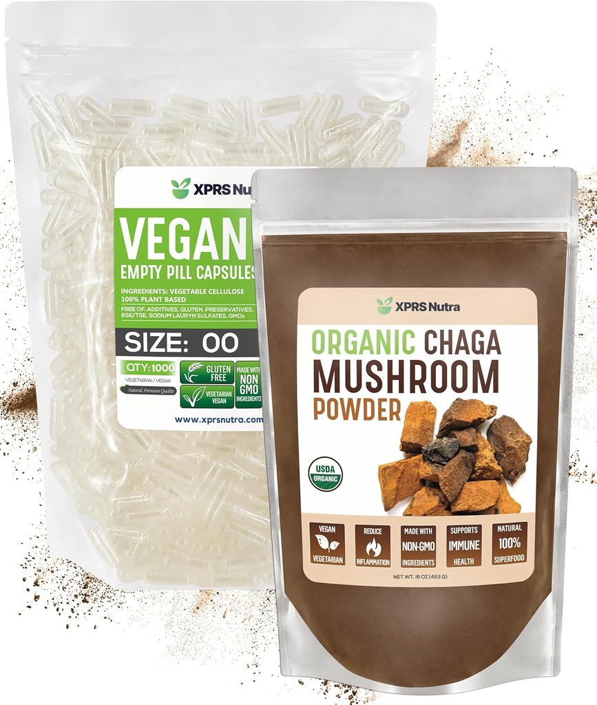XPRS Nutra Organic Chaga Powder 16 Ounce with Size 00 Pre-Separated Empty Capsules (1000 Count) Bundle