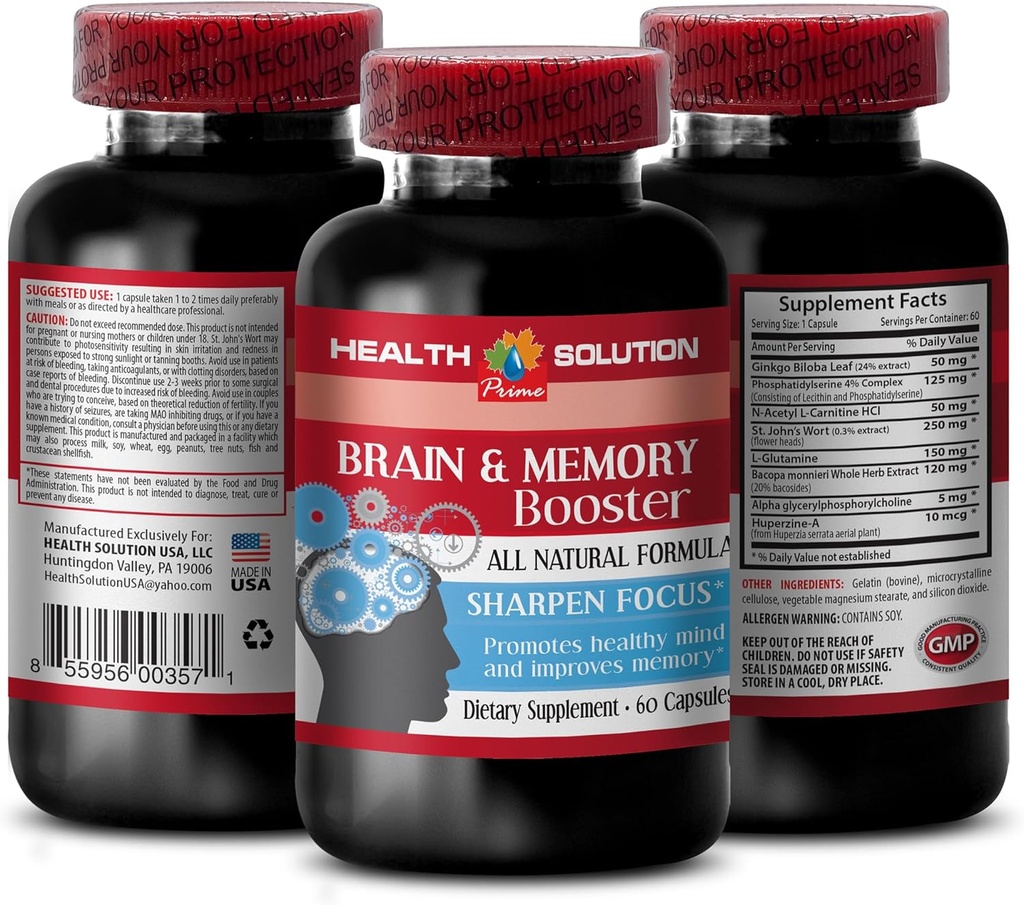 Ginkgo biloba extracto hoja - BRAIN AND MEMORY BOOSTER - mejorar - suplementos de memoria cerebral - extracto de ginkgo biloba, suplementos cerebrales para la memoria y el enfoque, enfoque y suplemento energético 1 Bottle 60 Caps