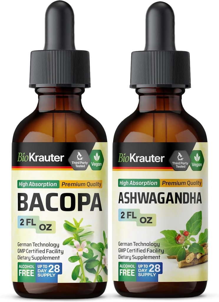 BIO KRAUTER Bacopa Tintura 2 Fl. Oz. " Ashwagandha Tincture 2 Fl. Oz.