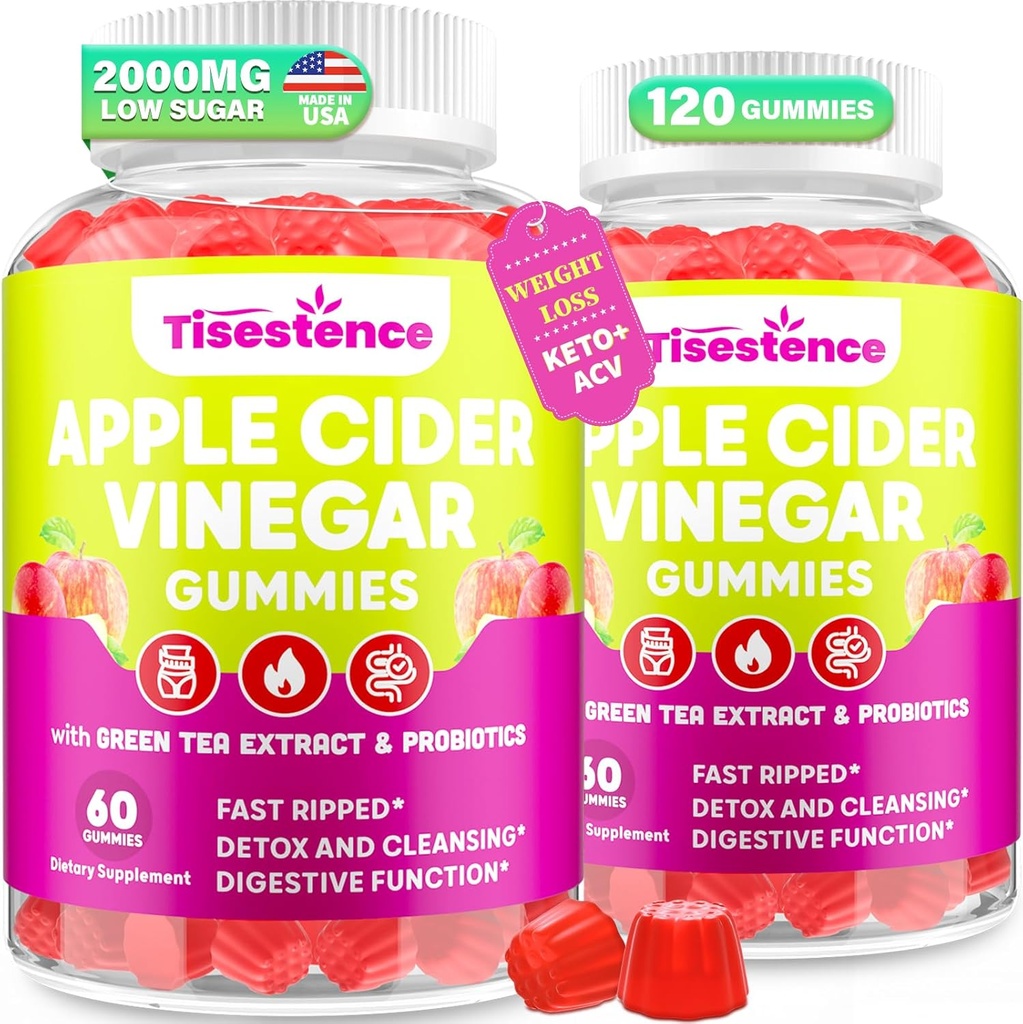Manzana Vinagre Gummies, Keto ACV Gummies para Mujeres y Hombres, Apple Sider Vinegar Suplemento con té verde, B12, Probiótico para Detox Cleanse, Metabolismo & Salud Digestiva, Vegan - 2 Meses Suministro