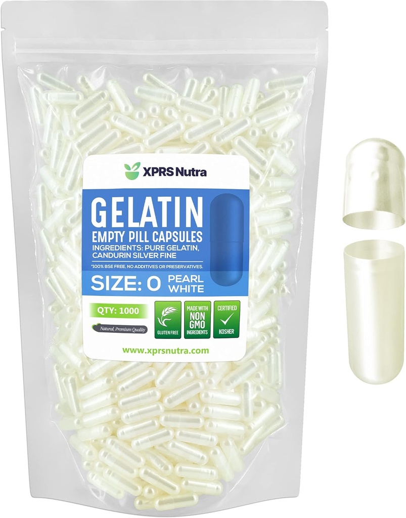 XPRS Nutra Size 0 Empty Capsules - 1000 Count Empty Gelatin Capsules - Pills DIY Capsule Filling - Pure Bovine Pill Gel Caps for Do-It-youself Supplements (Pearl White)