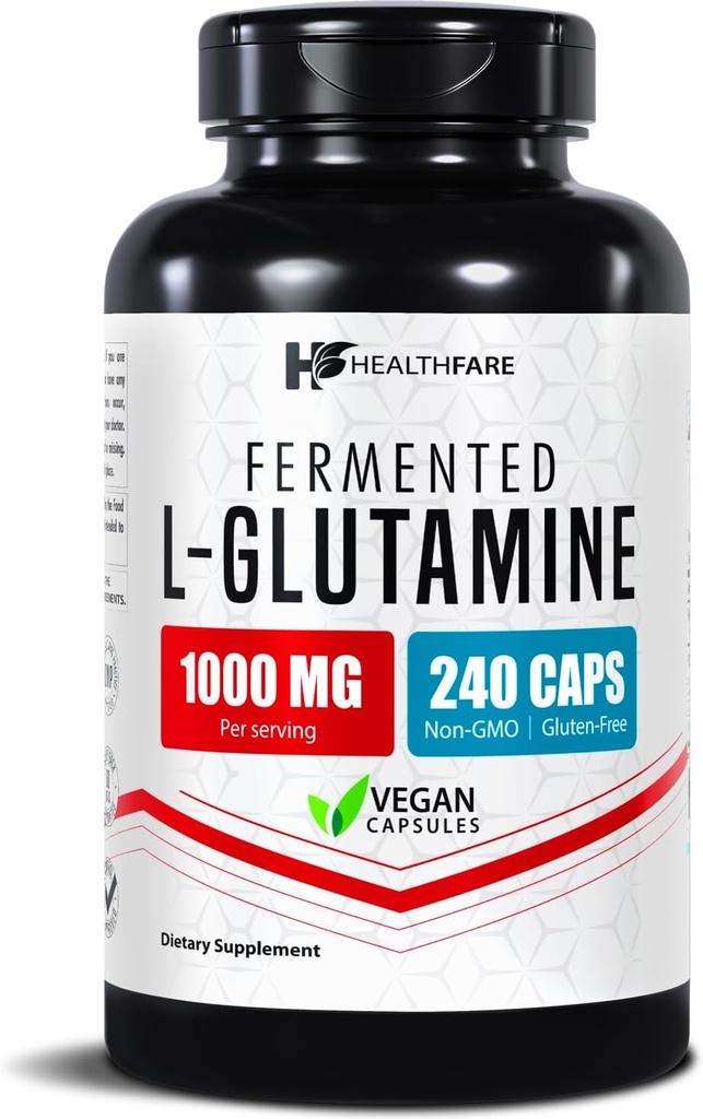 HealthFare L Glutamine 1000mg tención 240 cápsulas veganos ← Extra Strength Amino Acid Suplemento Silenciosos Digestive Balance, Nutrient Absorption &amp; Muscle Recovery ← Non-GMO, Gluten-Free TEN Made in USA