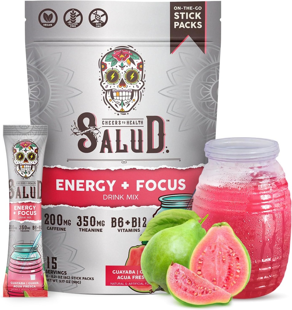Salud 2-en-1 Bebida Energética Powder + Focus, Guava, Caffeine Orgánica, B6 + B12, Theanina, Packets de Bebida en Energía Limpia, Guayaba Agua Fresca Mix, Non-GMO, Gluten Free, Vegan, 1g de Sugar, (15 Servings)