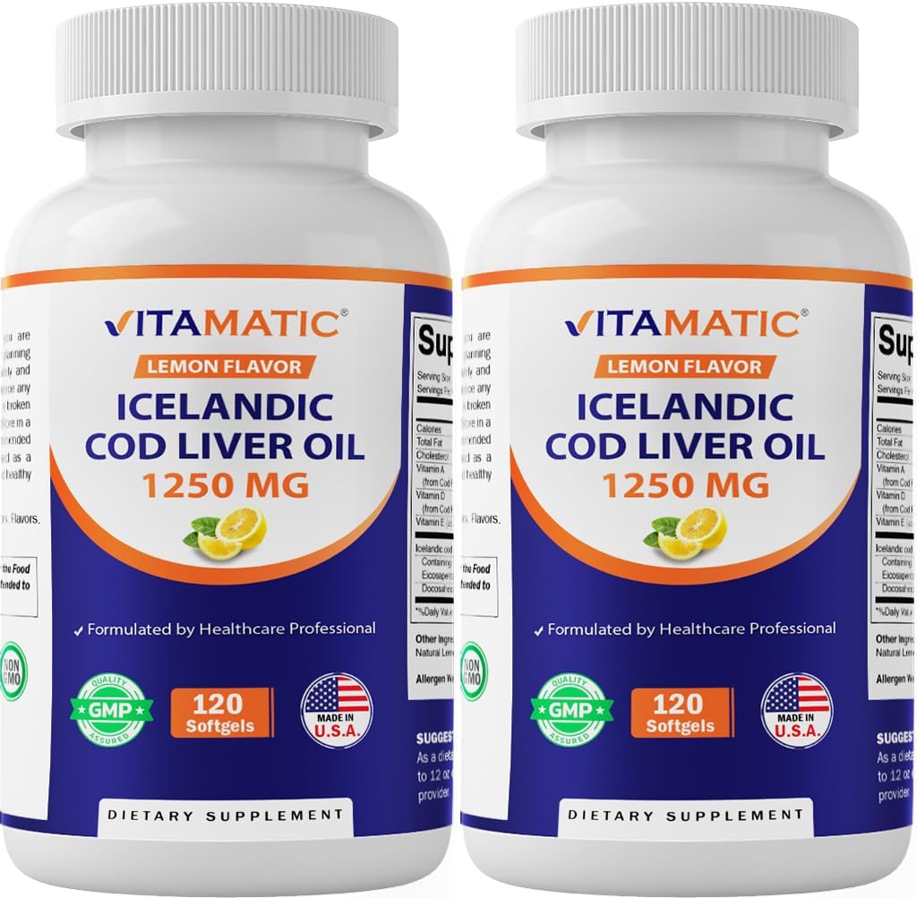 Vitamatic 2 Pack Islandiaic Cod Liver Oil Capsules 1250mg 120 Softgels (Lemon Flavor) - Promociona la salud cardiovascular