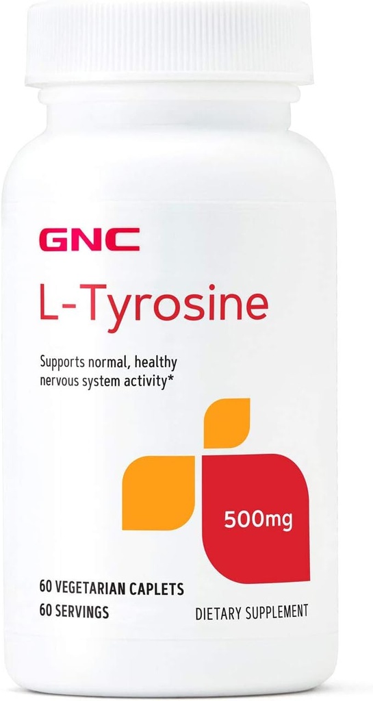 GNC L-Tyrosine 500mg, admite actividad normal del sistema nervioso saludable, 60 cápsulas vegetarianas