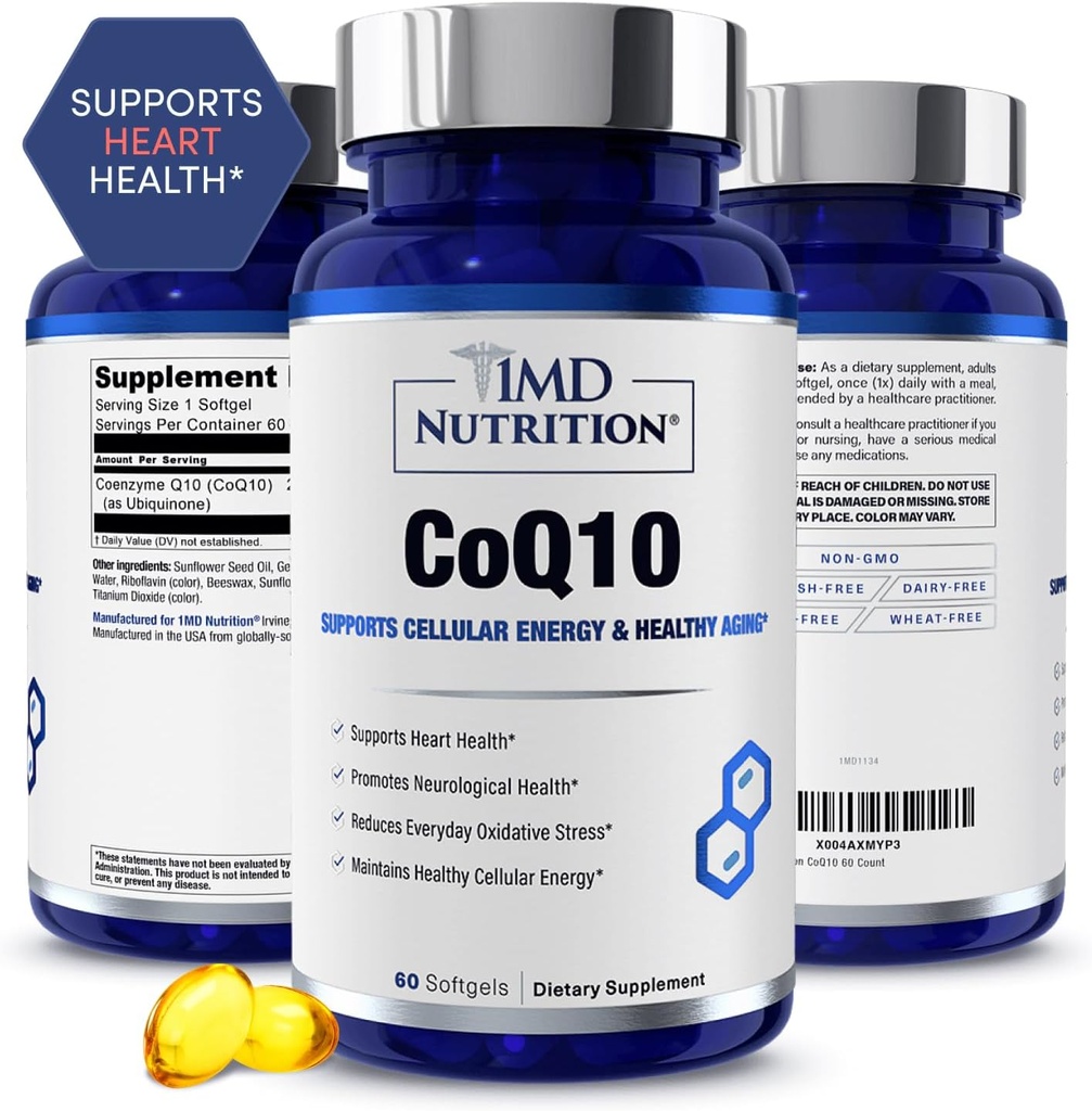 1MD Nutrition CoQ10 - para la salud del corazón y la producción de energía celular - Suplemento de salud para hombres &amp; mujeres - Coenzyme Q10 Softgel - 60 días