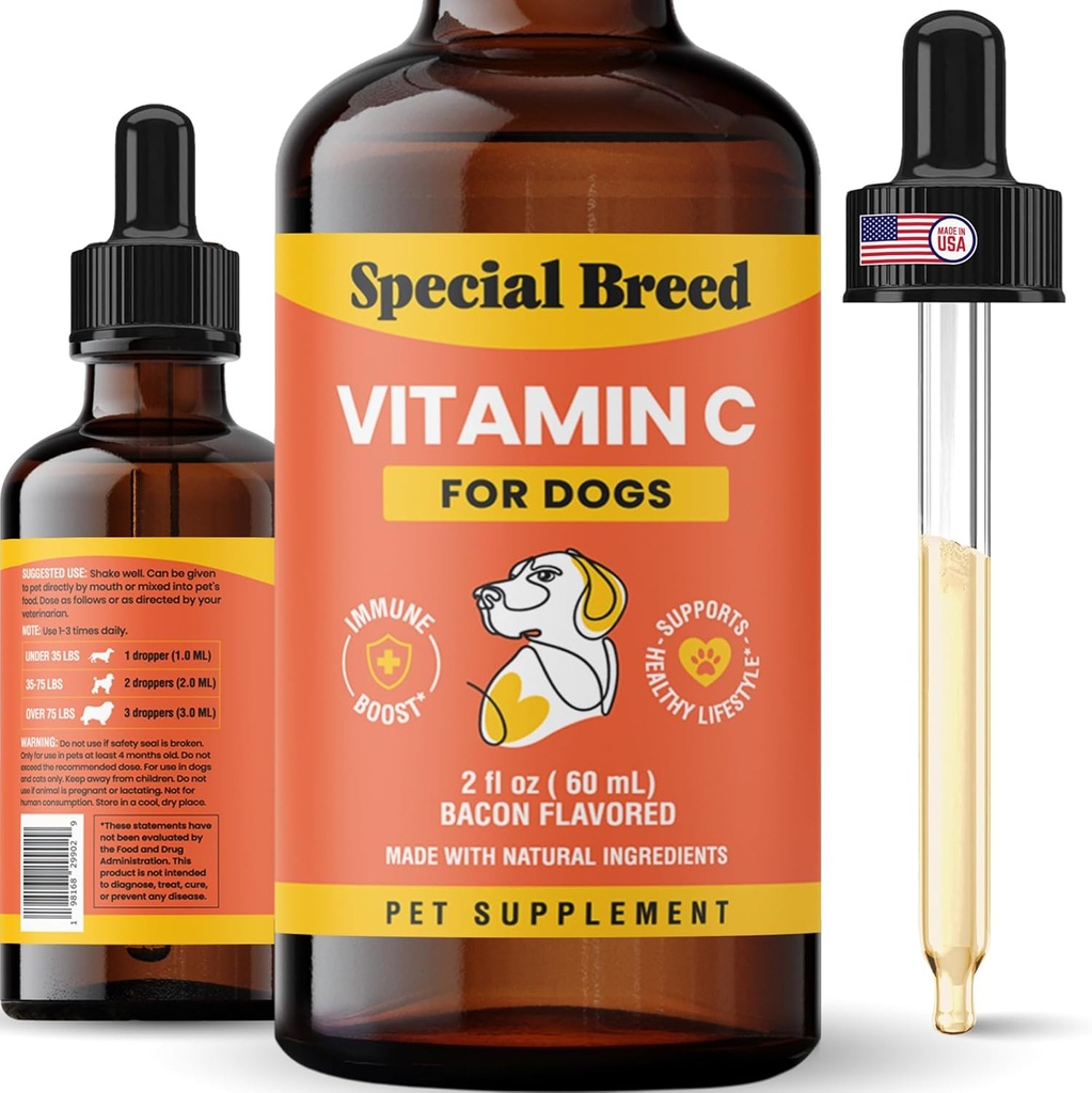 Vitamina C para perros, ayuda a apoyar el sistema inmunológico, suplemento líquido de vitamina C, Booster para perros, tocino saboreado, 2oz