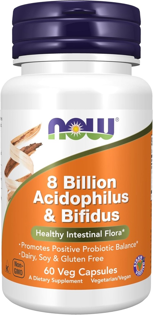 AHORA Suplementos de alimentos, 8 Billones de Acidophilus &amp; Bifidus, Dairy, Soy y Gluten Gratis, Estrado Verificado, 60 cápsulas de Veg
