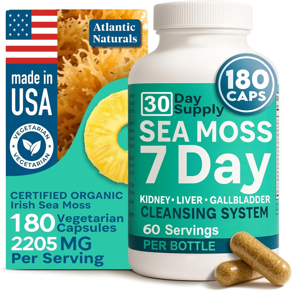 Atlantic Naturals Sea Moss Capsules – 7 Day Herbal Blend for Liver & Gallbladder Wellness – con Dandelion Root, Milk Thistle, Burdock Root, Red Clover & Chanca Piedra – 180 Conde Sea Mos Capsules