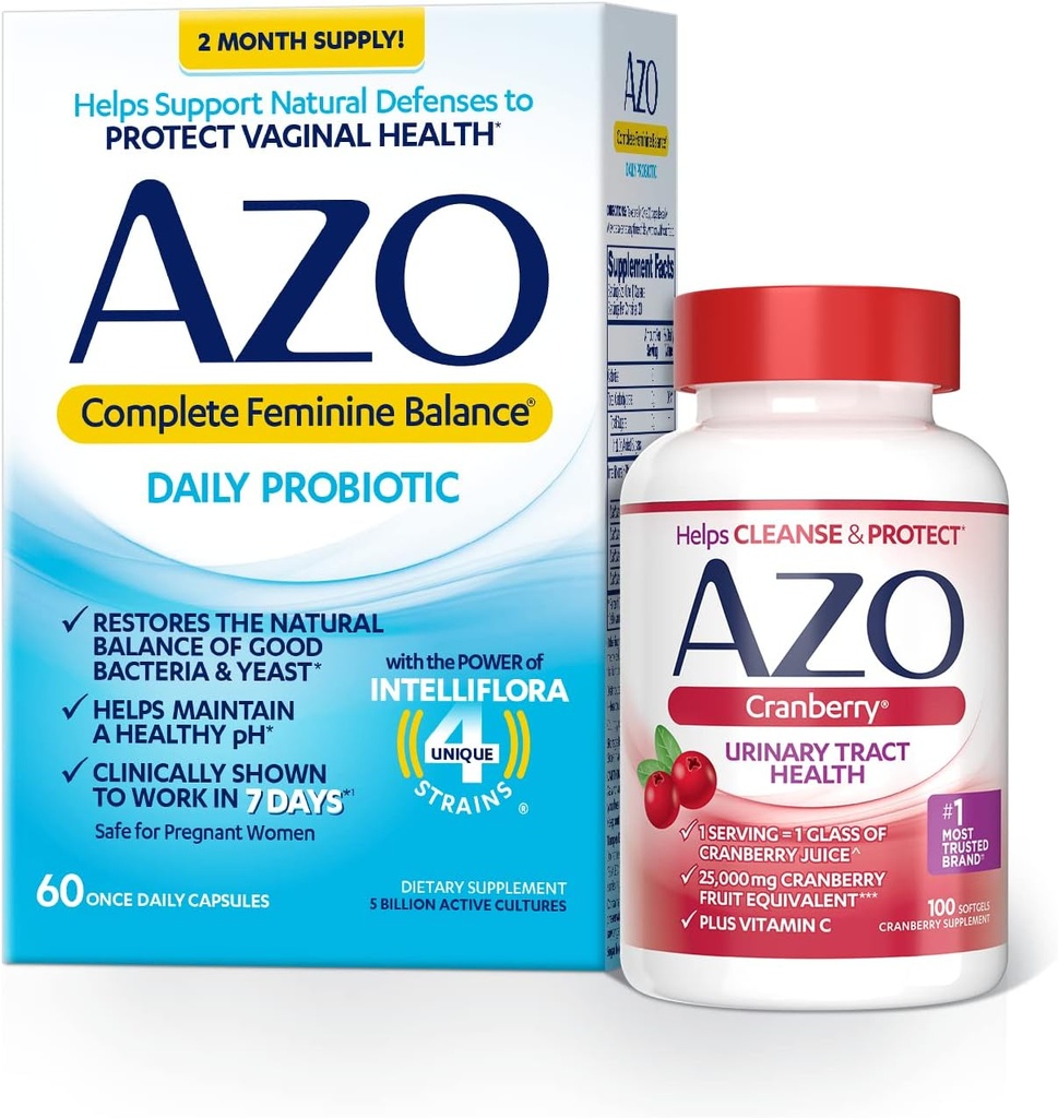 AZO Balance Femenino completo Probióticos diarios para mujeres (60 Cuenta) + Softgeles de arándano para la salud del tracto urinario (100 Cuenta)